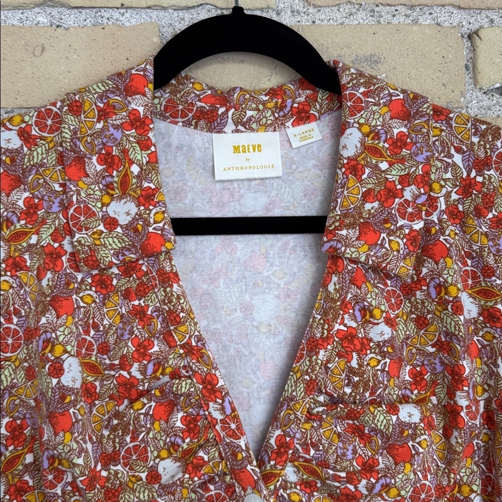 Maeve by Anthropologie Ruched Citrus Print Button Down Top - Picture 3 of 6